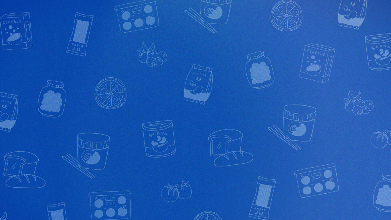 A blue background with small icons of various foods.